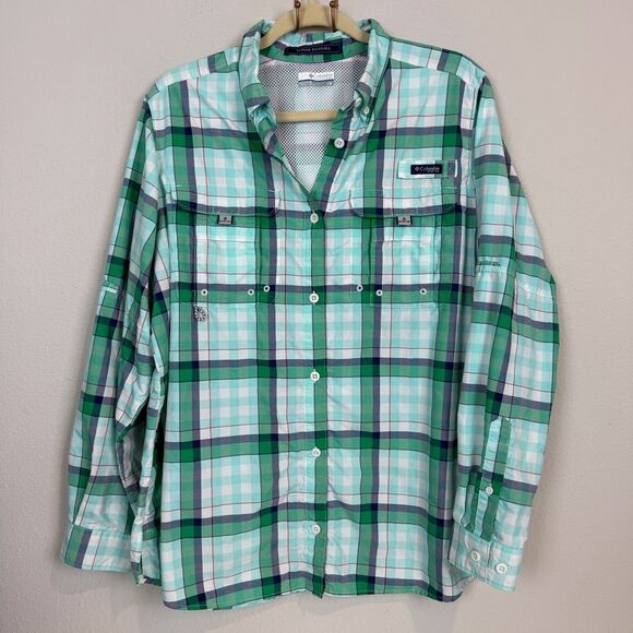 Columbia PFG Super Bahama Aqua Plaid Shirt L - Picture 1 of 10